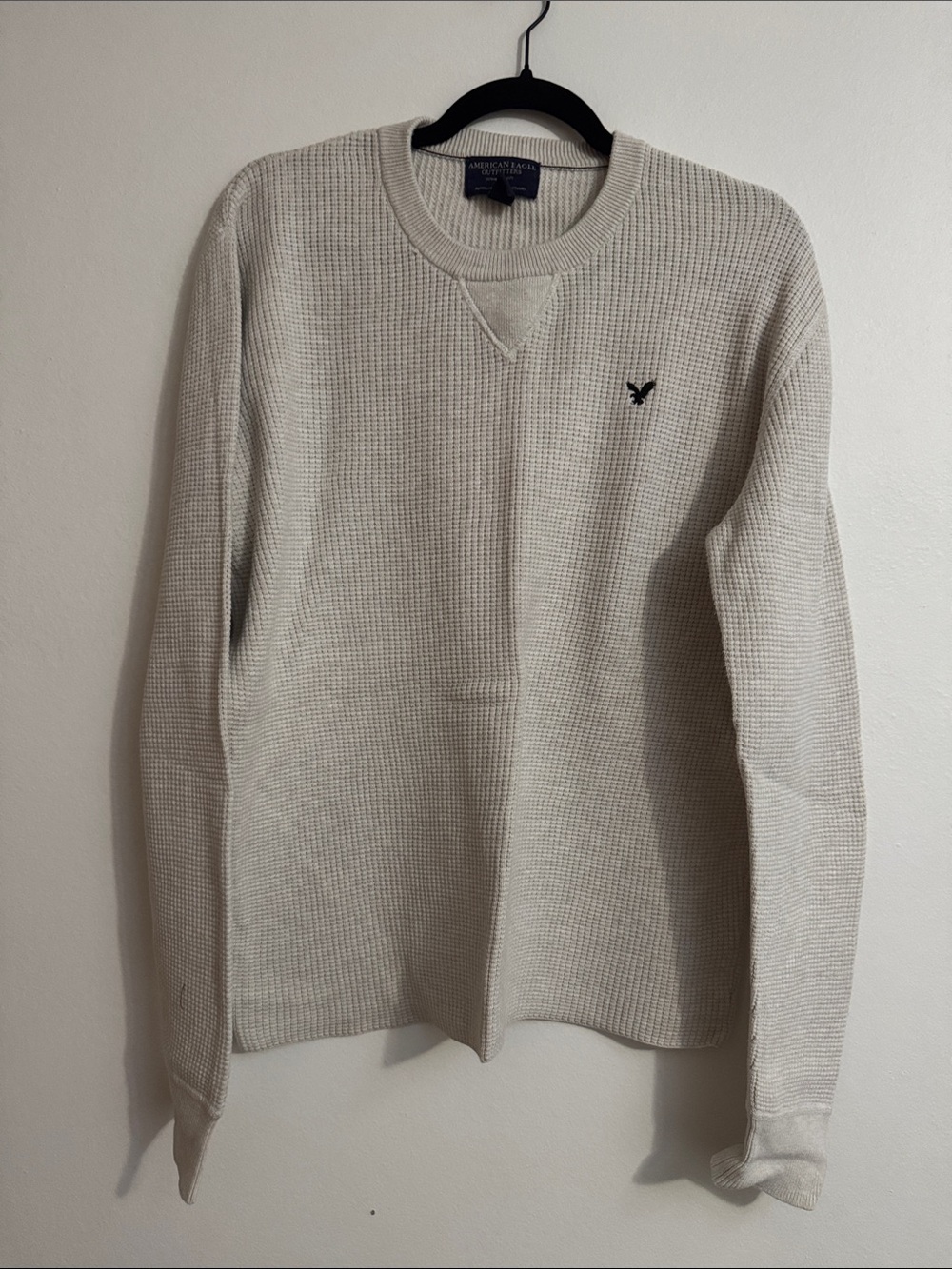 American Eagle Outfitters Cream Waffle-Knit Crewneck Sweater - Men